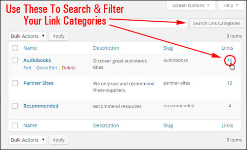 Search and filter links in the Link Categories page
