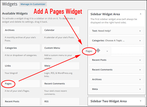 Inserting a Pages widget into the sidebar