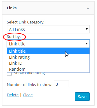 Links widget: 'Sort by:' drop-down menu