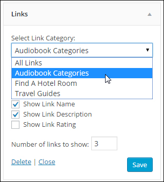 Links widget: 'Select Link Category' drop-down menu