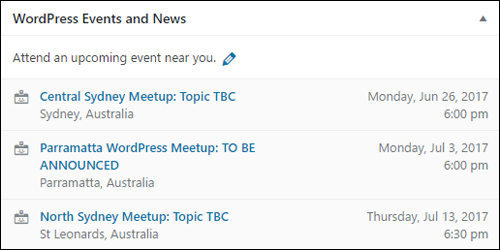 WordPress displays information about your nearest local meetups